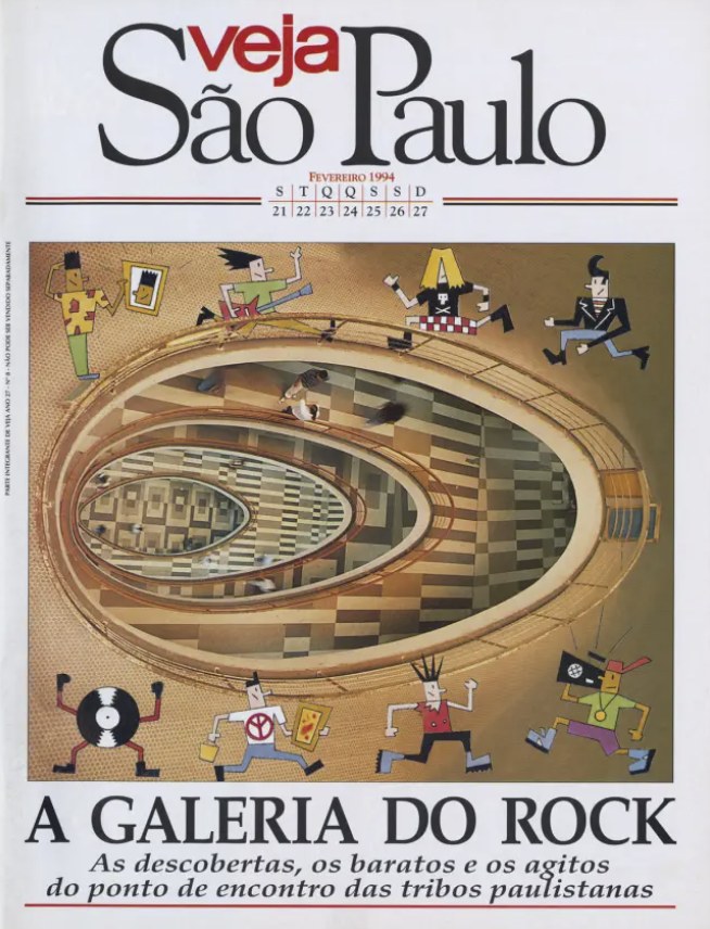 Capa da revista Veja São Paulo de fevereiro de 1994 com o título A Galeria do Rock, mostrando o vão oval da galeria com personagens do rock