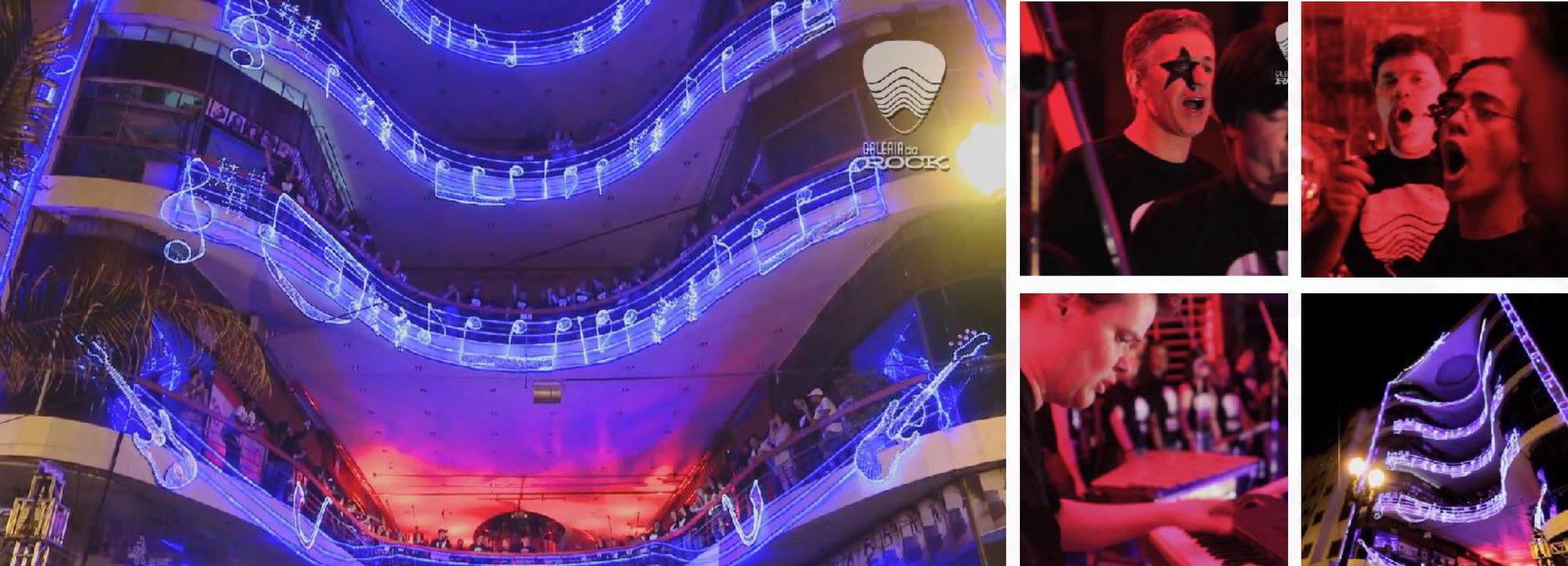 Coral de Natal na Galeria do Rock: a fachada iluminada de azul e o coral se apresentando